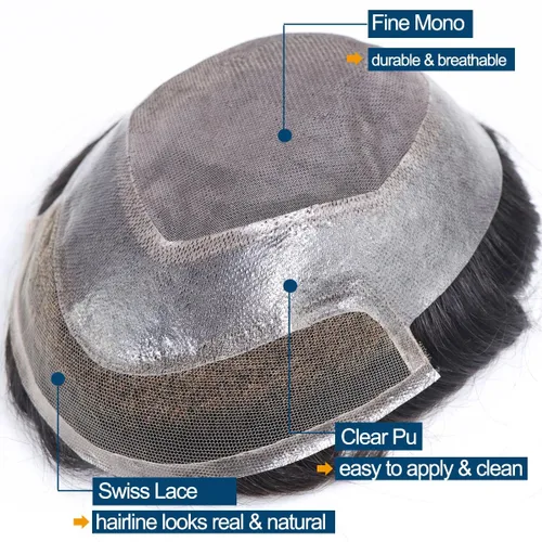 Miniatura 4 de HAPPY&CC Toupee - Piezas de cabello humano con encaje frontal suizo para hombre, parte superior fina mono con poliuretano alrededor de sistema de #1B