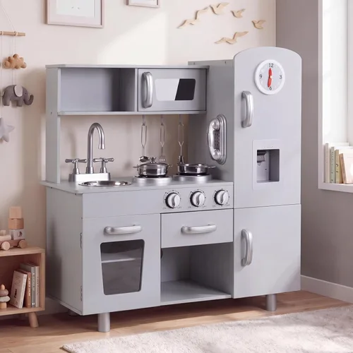 MAMIZO Juego de Cocina para Niños, Cocina de Preescolar para Cocinar, Juguete de Madera de Simulación para Niños Pequeños con Nevera, Estufa,