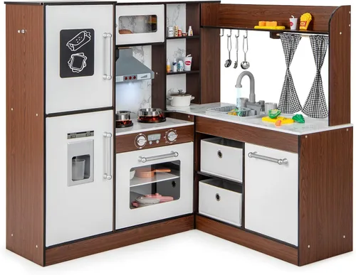 Miniatura 10 de HONEY JOY Cocina de Juego de Esquina con Carrito Rodante, Juego de Cocina de Juguete de Madera de Simulación con Luces, Máquina de Hielo, Estufas