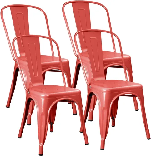 JUMMICO Silla de comedor de metal, apilable, para interiores y exteriores, sillas vintage industriales, bistró, cocina, cafetería, con respaldo, Rojo