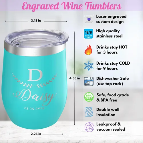 Miniatura 4 de Vaso de vino personalizado con tapa – Personalizado en tallado en acero inoxidable aislante color turquesa para bebidas frías y calientes – Taza