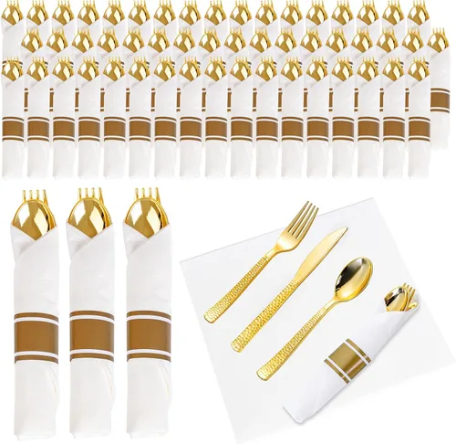 Miniatura 11 de WELLIFE 50 cubiertos de plástico plateado martillado para invitados, servilletas preenrolladas con cubiertos de plata, cubiertos desechables