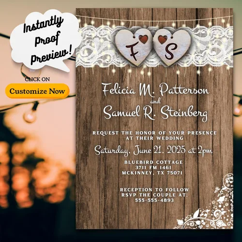 Miniatura 3 de Cantidad de 25 invitaciones de boda País Corazón y sobres de encaje impreso con texto blanco Rustic Theme, Envelopes Included, Printed
