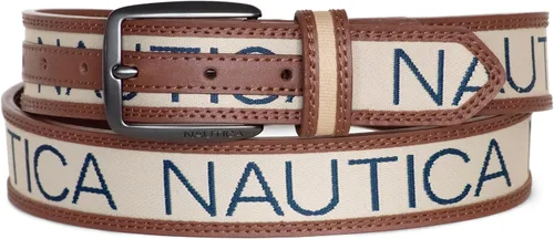Nautica Men's Signature Leather and Canvas Belt Ribbon Detail Flag Design Classic Casual Metal Buckle