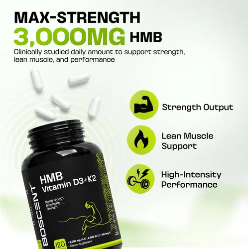 Miniatura 4 de Suplemento de HMB y vitamina D3 de 1,000 mg (180 cápsulas) – Suplementos de HMB con 4,000 UI de D3 y calcio – Crecimiento muscular, fuerza