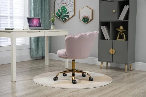 Miniatura 6 de Silla cómoda de oficina en casa con ruedas, linda silla de escritorio de tocador giratoria ajustable de terciopelo con respaldo de concha marina