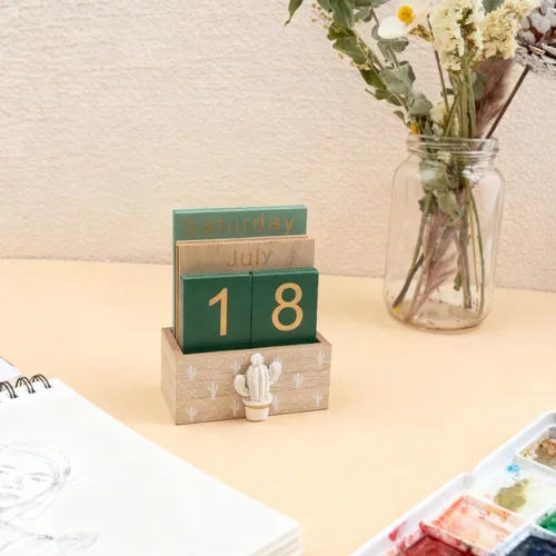 Miniatura 4 de Notakia Calendario perpetuo, calendario de madera para oficina en casa, accesorios de escritorio, calendario vintage de bloques de madera (verde)