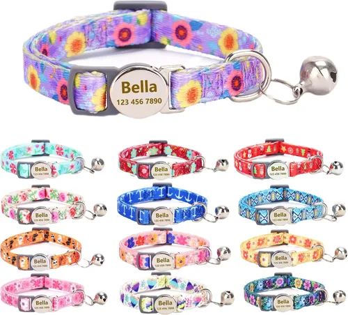 Miniatura 15 de Collar de gato con nombre de identificación, placa de número de teléfono, patrón floral grabado personalizado, collar de gatito con campana, azul a