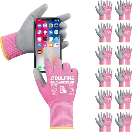 Miniatura 9 de DULFINE Guantes de trabajo de seguridad con revestimiento de poliuretano para hombres y mujeres - 12 pares, guante de punto sin costuras negro