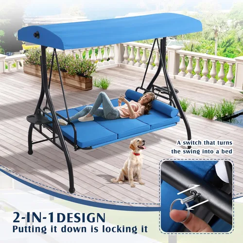 Miniatura 3 de Grepatio Columpio de Porche Exterior con Toldo y Soporte, Columpio de Patio para 3 Personas para Adultos, Columpio de Cama de Porche Convertible 2