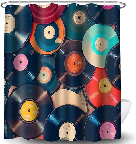 Miniatura 4 de YLOKTP0796 - Cortina de ducha con música retro, 36 x 72 pulgadas, discos musicales, álbum de baño, bañeras, juego de decoración con 6 ganchos