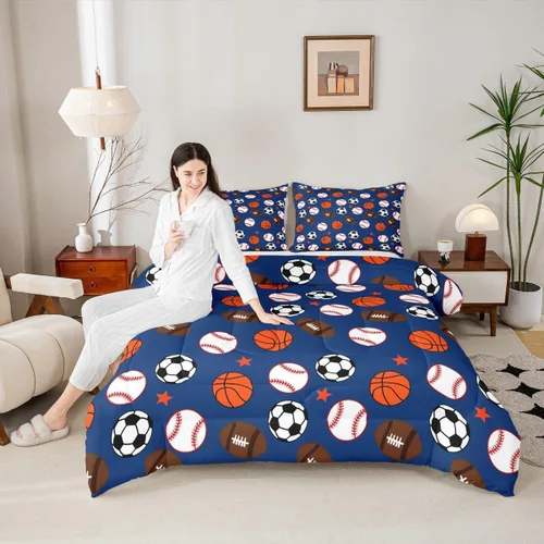 Homewish Juego de edredón de juegos deportivos de pelota, tamaño twin, juego de ropa de cama de béisbol y baloncesto, 2 piezas para niños,