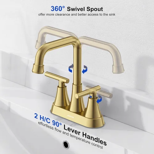 Miniatura 5 de Grifo para Lavabo de Baño, Hurran 4 Pulgadas Dorado Cepillado Grifos de Baño para Lavabo 3 Agujeros con Desagüe Pop-up y Mangueras de Suministro