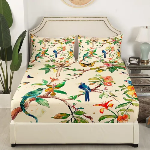 Miniatura 4 de Juego de sábanas de mariposa, sábana bajera ajustable de mono, colibrí, tamaño individual para niños, niñas, adolescentes, hojas de palmera
