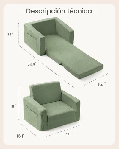 Miniatura 3 de Silla para bebés y niños, 2 en 1 Sofás blandos para bebés que se despliegan, Sillas para bebés cómodas de 1 a 3 años, Sofá convertible a salón, Verde