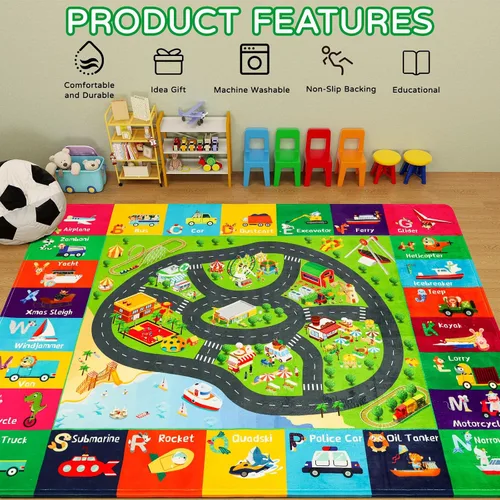 Miniatura 7 de Alfombra de juego para niños, alfombra de tráfico para carretera, 118 x 78.7 pulgadas, para sala de juegos, transporte ABC, alfombra educativa
