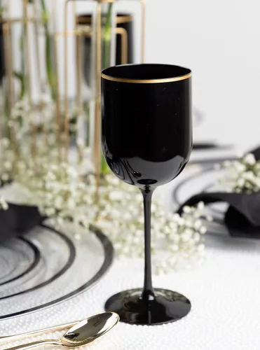 Miniatura 2 de PLASTICPRO Juego de 5 copas de vino de plástico con borde dorado, elegantes copas de vino de plástico duro en tallo de 12 onzas