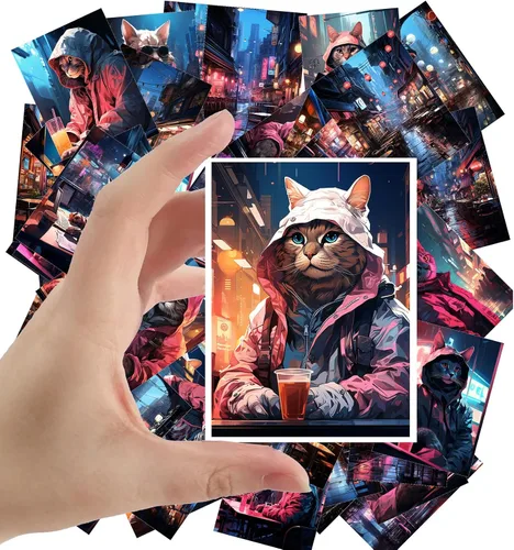 Calcomanías grandes, 24 piezas (2.5 x 3.5 pulgadas cada uno) Cool Street Cats en colorida iluminación de neón, postales Cyberpunk, tarjetas de Ocho
