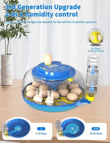 Miniatura 6 de Incubadora panorámica de huevos de 18 huevos de 360° con giro automático de huevos y control de humedad, perfecta para incubar pollos, patos