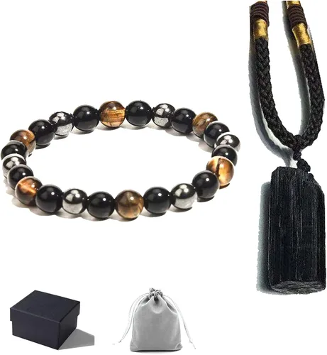 HEFFY Black Raw Tourmaline Crystal Stone Necklace Pendant Amulet Pillar Pendant+Triple Protection Bracelet Hematite Obsidian Tiger Eye Bracelets for
