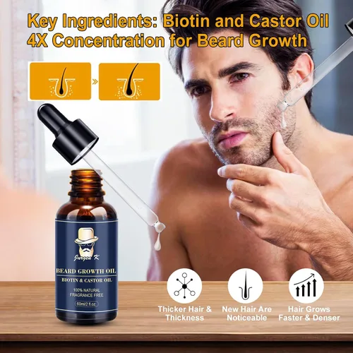 Miniatura 4 de Kit de crecimiento de barba, aceite para el crecimiento de la barba (2 onzas) con biotina y aceite de ricino, masajeador de barba para barba Azul