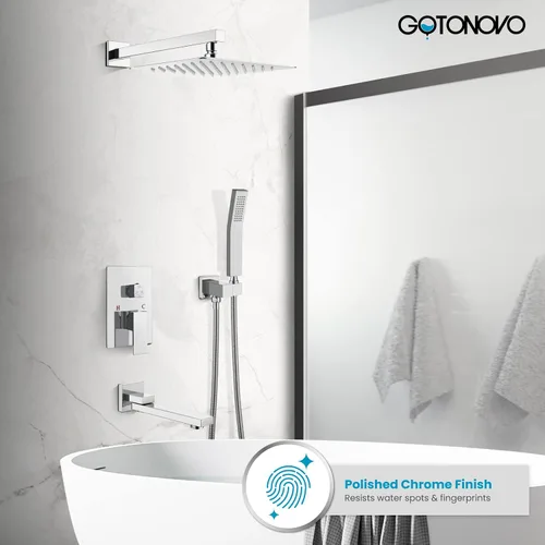 Miniatura 8 de gotonovo Juego de grifo de ducha de lujo de 3 funciones de 12 pulgadas, sistema de ducha de lluvia montado en la pared con boquilla de bañera, Cromo