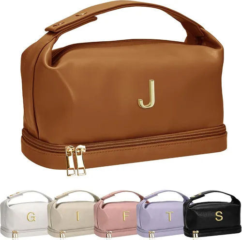 Miniatura 170 de Bolsa de maquillaje con asa, bolsa de cosméticos impermeable de doble capa, bolsas de maquillaje de cuero PU de gran capacidad con letra, bolsa