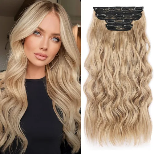 Miniatura 17 de Extensiones de cabello rubio con clip, de 22 pulgadas, extensiones de cabello largo y rizado con clip, 4 unidades, extensiones de cabello sintético
