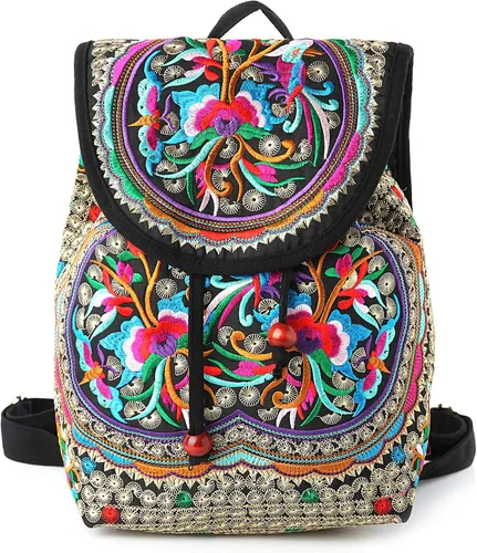 Mochila bordada para mujer, bolso de hombro de diseño vintage, con pequeño cordón ajustable, estilo casual, ideal para viajes, uso diario