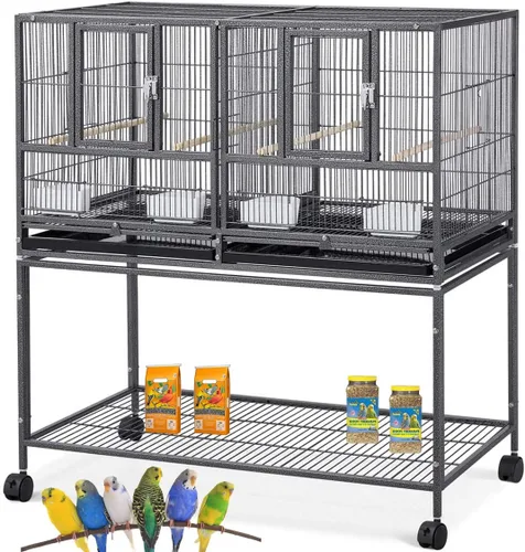 Miniatura 24 de Jaula Doble Apilable con Centro Dividido, Puertas de Caja de Anidación Lateral para Criador de Aves de Vuelo, Jaula Doble Rodante para Aviarios
