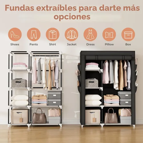 Miniatura 6 de VTRIN Armario Ropero, 41.7 Pulgadas de Ancho Armarios Portátiles para Colgar Ropa con 1 Barra para Colgar, 6 Estantes, 6 Bolsillos, Perchero