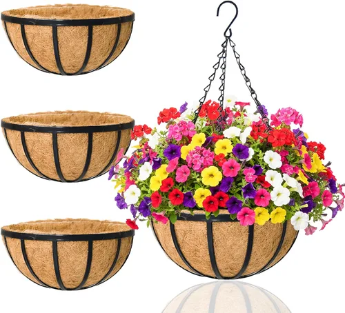 Miniatura 8 de Macetas colgantes para plantas de exterior, paquete de 4 cestas colgantes de metal de 12 pulgadas con forro de fibra de coco y alambre para plantas