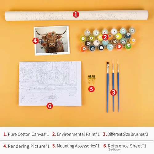 Miniatura 6 de TUMOVO Pintura de vaca de las tierras altas por números para adultos principiantes, pintura de flores por números, kits de pintura para niños
