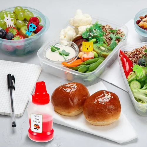 Miniatura 4 de Contenedor de 26 piezas de lonchera Bento para salsa de soja, 5 mini botellas de plástico para condimentos, lindos accesorios de almuerzo para niños