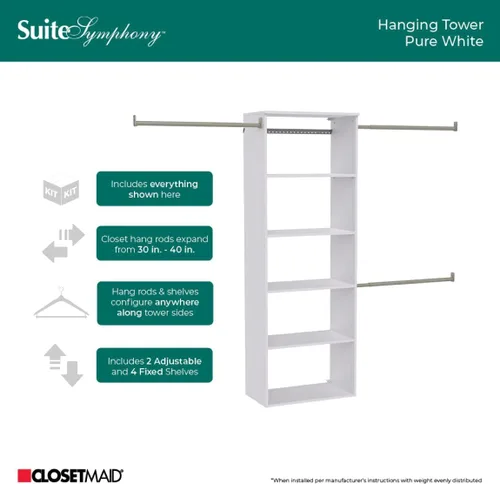 Miniatura 8 de ClosetMaid SuiteSymphony - Kit de armario colgante incluye (1) torre, (3) varillas para armario y (6) estantes, color blanco