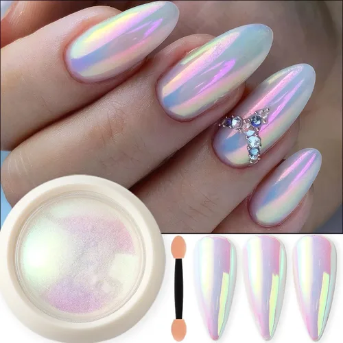 Miniatura 2 de Polvo de uñas cromado de unicornio, perla de neón, iridiscente, efecto de espejo metálico, arco iris, sirena, purpurina, kit de polvo de pigmento