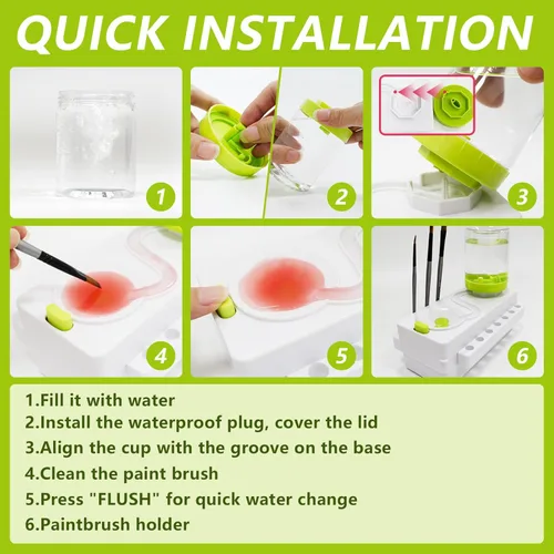 Miniatura 7 de Limpiador de pinceles, enjuagadora de pinceles con drenaje y soporte para cepillo, limpiador de pinceles de circulación de agua para acrílico, Verde