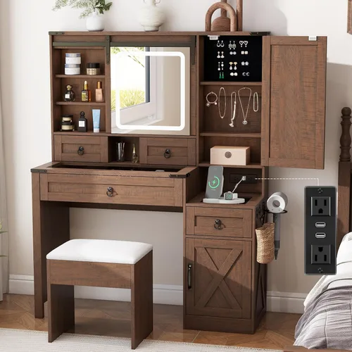 Miniatura 12 de Farmhouse Makeup Vanity Desk with Sliding Mirror and Lights, 42 Wood Vanity Table Set with Glass Top, Power Outlets, Jewelry Storage Cabinet, 4