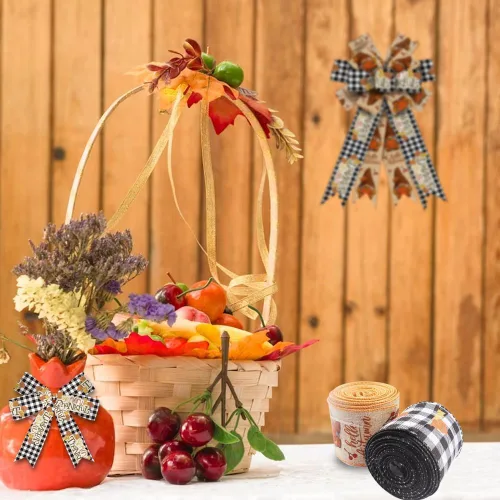 Miniatura 4 de Hying 2 rollos de cintas de gnomos de otoño para lazos de corona, cinta de borde con alambre de Acción de Gracias, cintas de arpillera natural