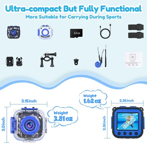 Miniatura 6 de PROGRACE Cámara impermeable para niños, cumpleaños para niños de 3 a 12 años, cámara de video submarina HD 1080P para niños, juguetes de piscina