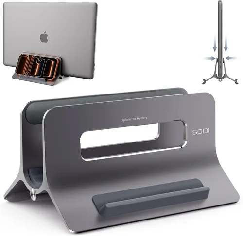 SODI Soporte vertical para laptop para escritorio, soporte para MacBook con bloqueo automático por gravedad, soporte vertical de aluminio para Gris