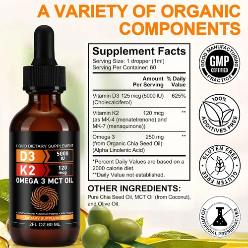 Miniatura 5 de Daiasns Vitamina D3 5000 UI y K2 (MK-7) 120 mcg 2.0 fl oz gotas con aceite MCT Omega 3, suplementos líquidos de vitamina D3 y K2 - Suministro de 2