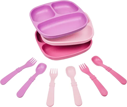 Miniatura 14 de Re-Play Juego de vajilla para niños pequeños, 3 platos divididos con 3 juegos de tenedores y cucharas, vajilla para niños sin BPA, apto