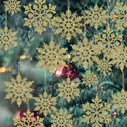 Miniatura 10 de Paquete de 36 adornos de plástico en champán dorado de copos de nieve, decoraciones colgantes de copo de nieve para el árbol de Navidad de invierno