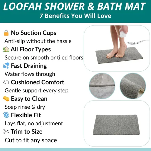 Miniatura 3 de ENKOSI Loofah - Alfombra antideslizante para ducha y baño, comodidad acolchada suave, sin ventosas para bañeras lisas o texturizadas, drenaje Gris