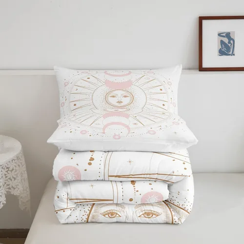 Miniatura 5 de Juego de edredón bohemio dorado tamaño Queen para niños y niños, decoración de habitación de luna rosa, misterioso, bohemio, juego de ropa de cama
