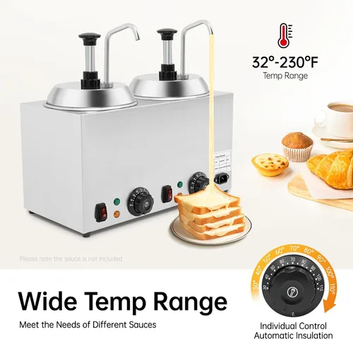 Miniatura 4 de Dispensador de queso de 5.3 cuartos de galón, calentador de salsa de queso doble dispensador con bomba de acero inoxidable 32-230°F 1600W