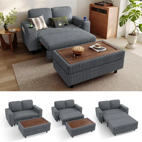 Miniatura 19 de LINSY HOME - Sofá cama extraíble modular con sección para dormir, con almacenamiento, sofá seccional de pana mullida para sala de estar, sofá cama