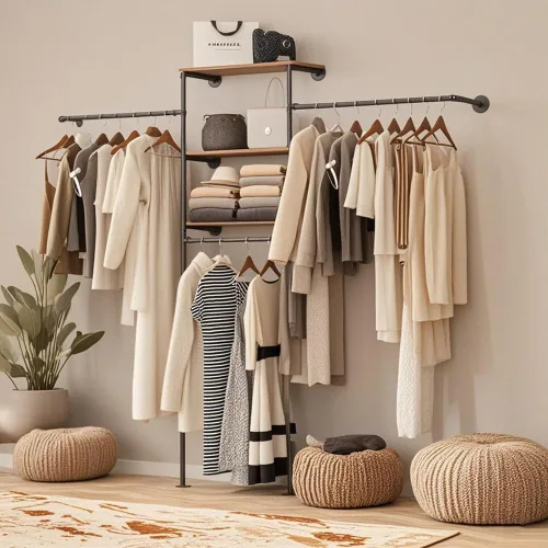 Miniatura 7 de KaKaBB Perchero de ropa estilo tubería industrial - Perchero de ropa de alta resistencia para montar en la pared, sistema de armario en esquina