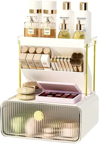 FOLLOWIN Organizador de mostrador de baño con cajón, organizador para la parte superior de la cómoda con soporte para brochas de maquillaje, estante